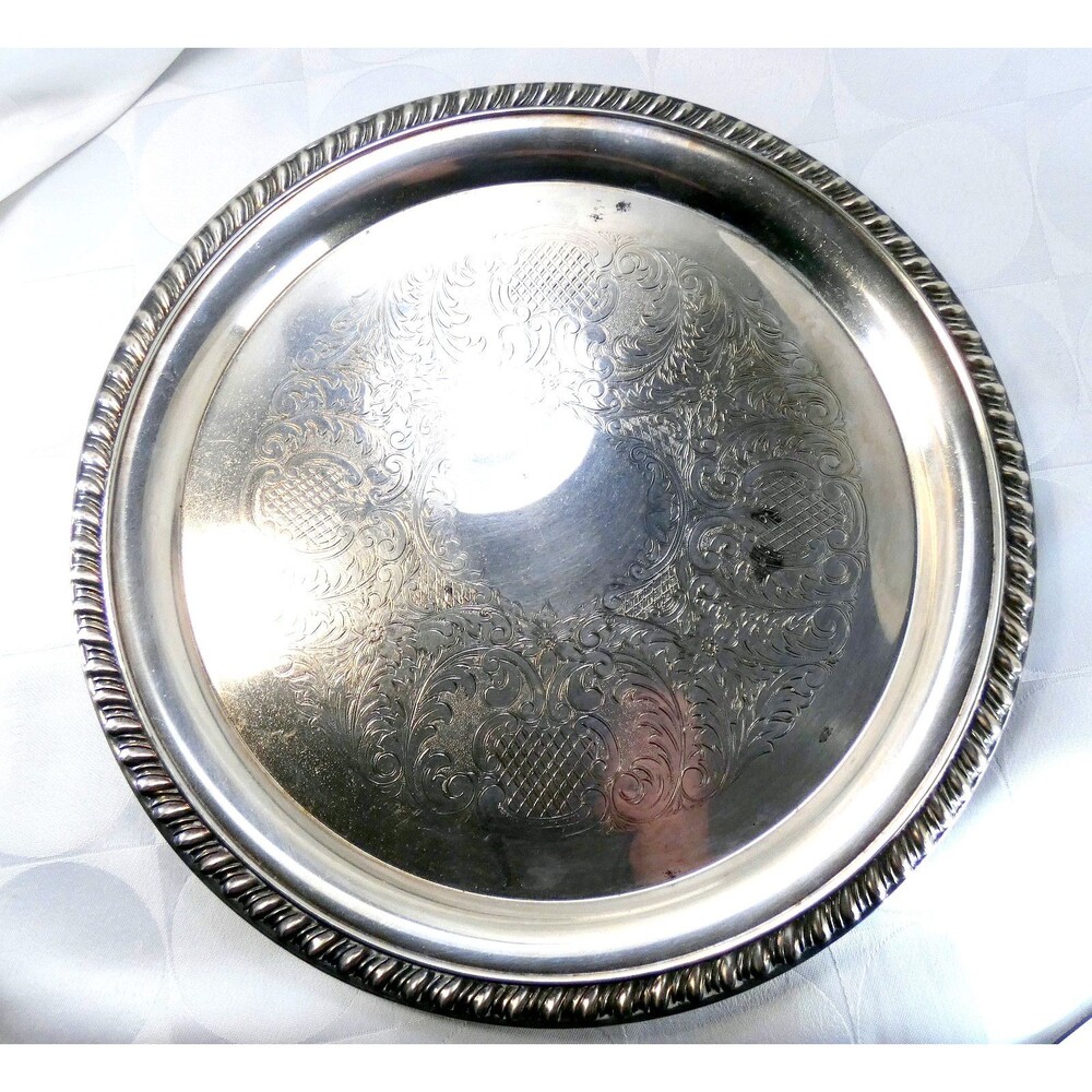 Vintage Leonara Silver Plated Tray Plate Platter Ornate Round 12”